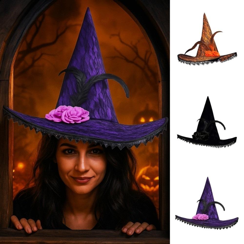 Lace Halloween Witch Hat Foldable Feather Halloween Cap Creative Flower Wizard Cap  Halloween Party
