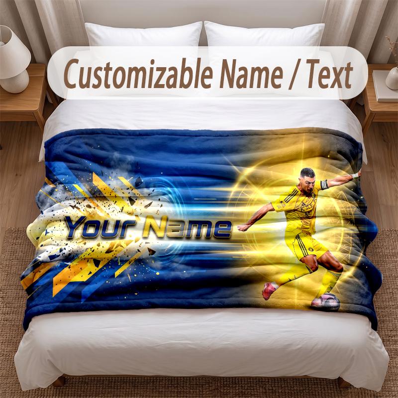 Cristiano Ronaldo Printed Flannel Blanket Custom Name Text Soft Warm Throw For Bedroom Holiday Gift
