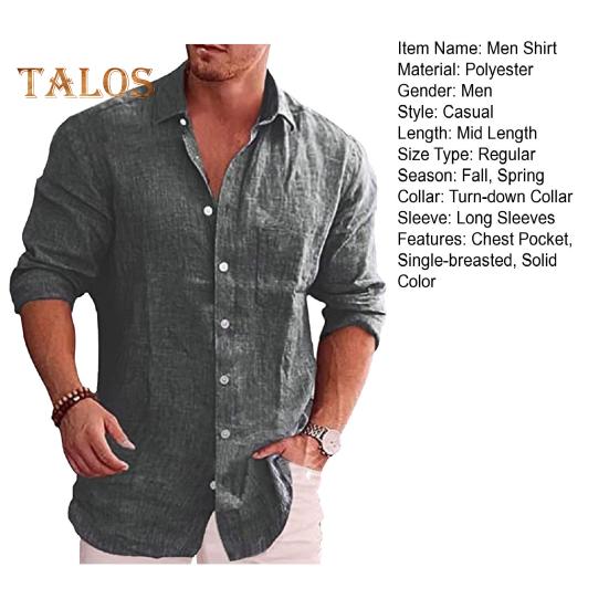 Spring Fall Men Shirt Turn-down Collar Chest Pocket Single-breasted Loose Long Sleeves Button Cardigan Mid Length Casual Daily Wear Top