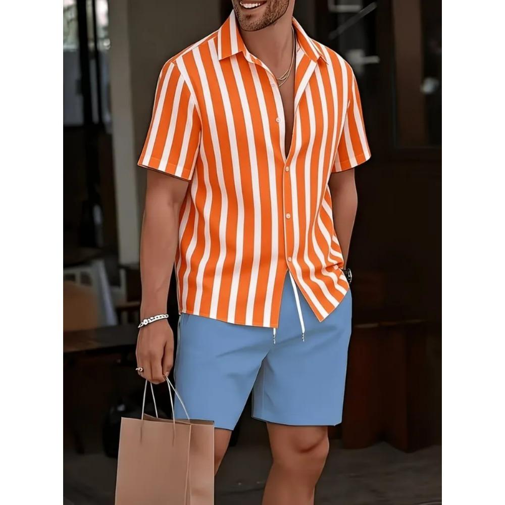 2026 Summer Men Beach Sets Streetwear Short Sleeve Lapel Shirt Printed Shorts Breathable Casual Men Hawaiian Suits 2 Pieces