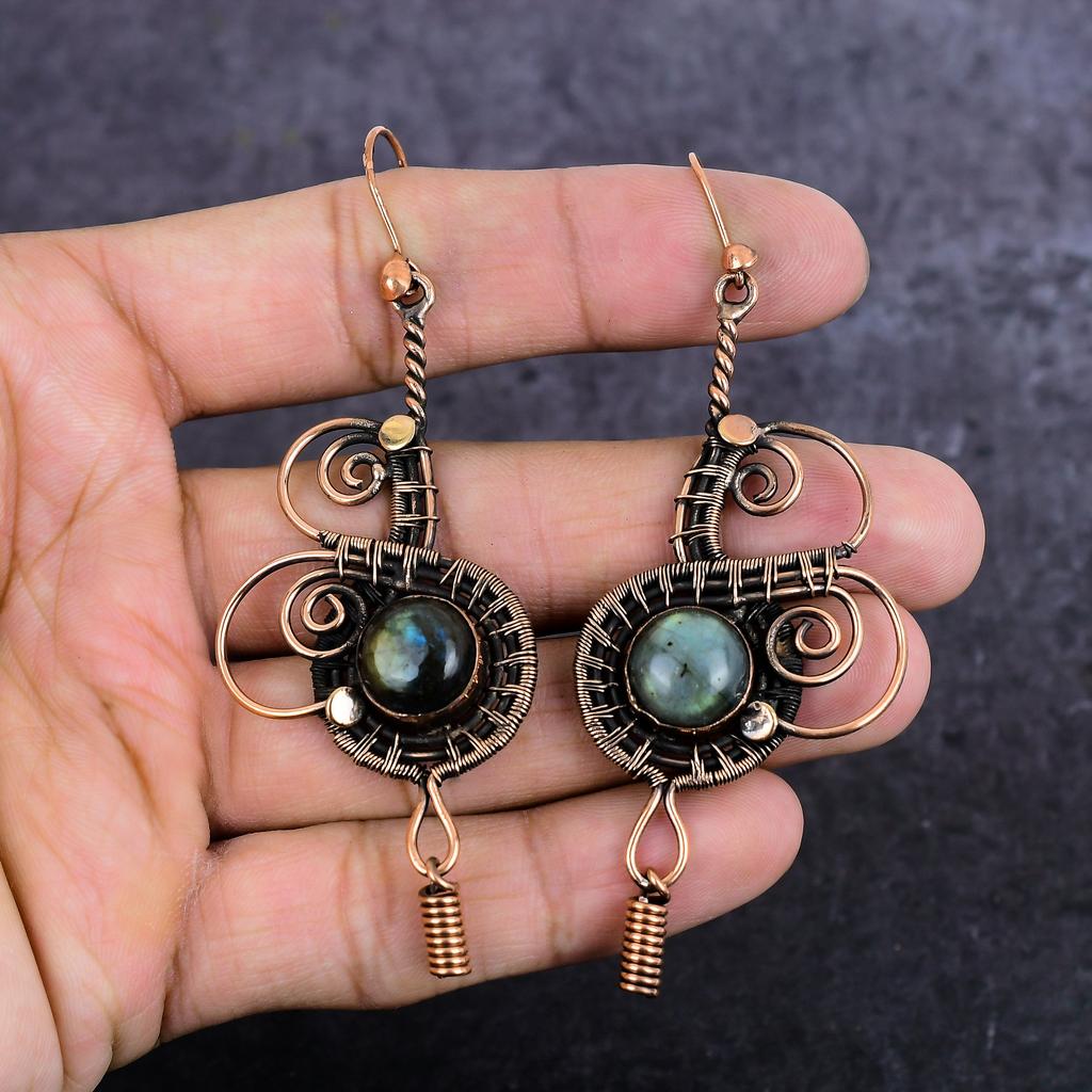 Natural Labradorite Gemstone Copper Wire Wrap Jewelry Earring 3.59" P5b81