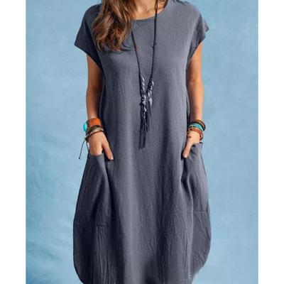 Vestido Feminino Solto Casual de Cor Sólida com Bolso para Primavera Verão