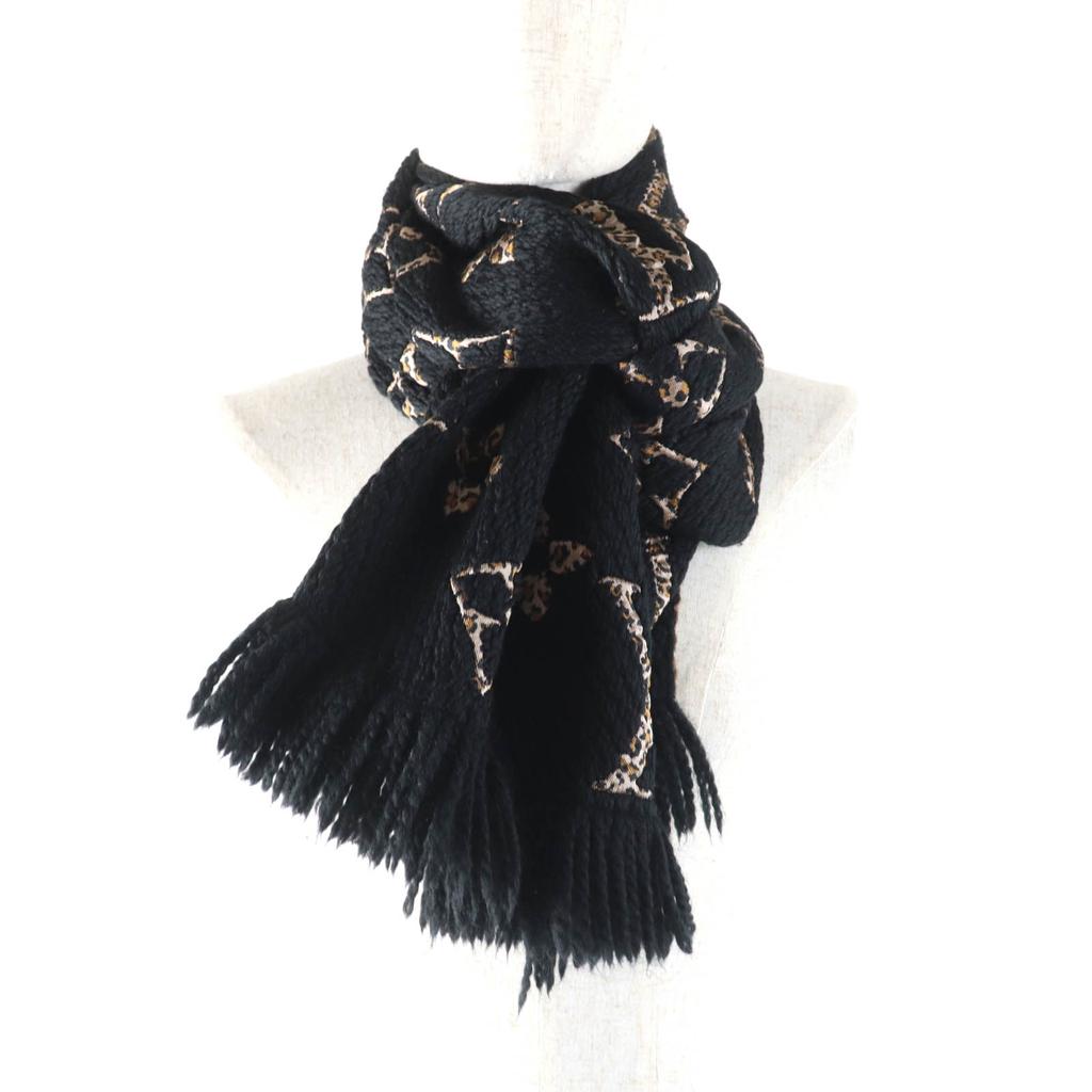 Great LOUIS VUITTON Scarf Escharpe Giant Monogram Jungle Black beige M75885 Used