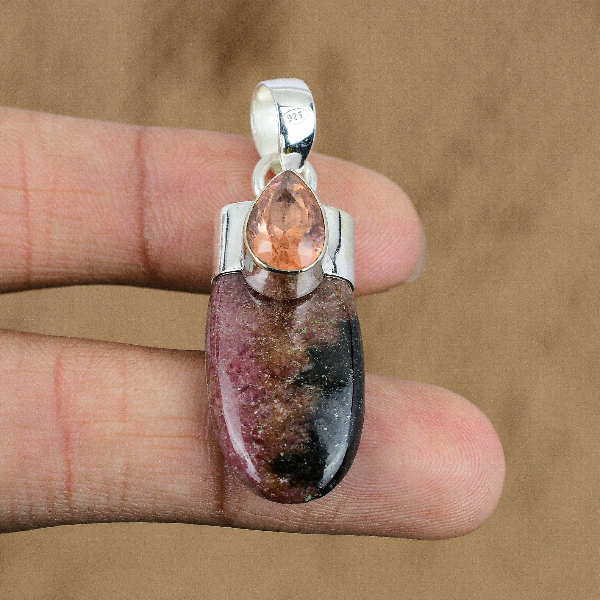 

Подарок на годовщину для нее Подвеска из натурального родонита из стерлингового серебра 925 пробы