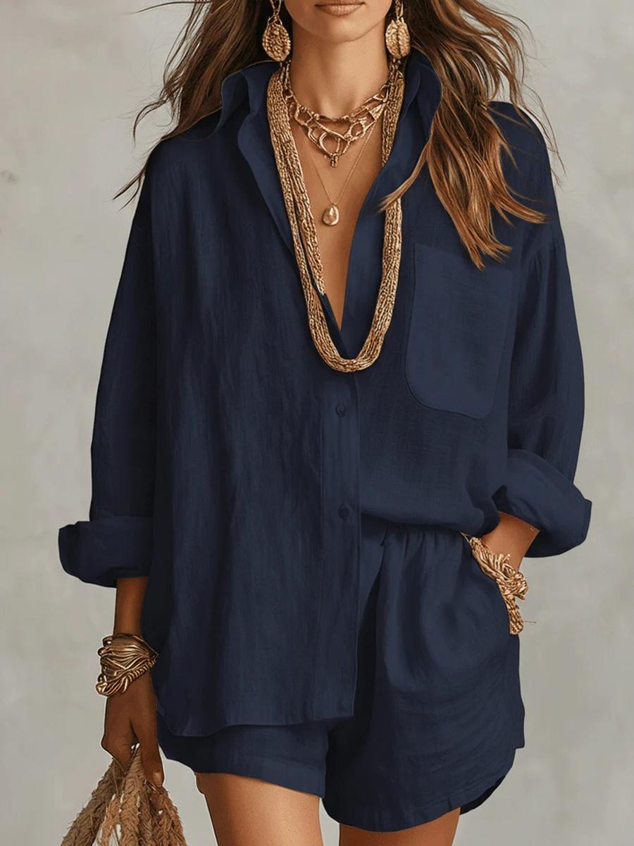 

Summer New Lazy Style Shirt Set Fashion Solid Color Shorts Two Piece Set Women XXL ціан