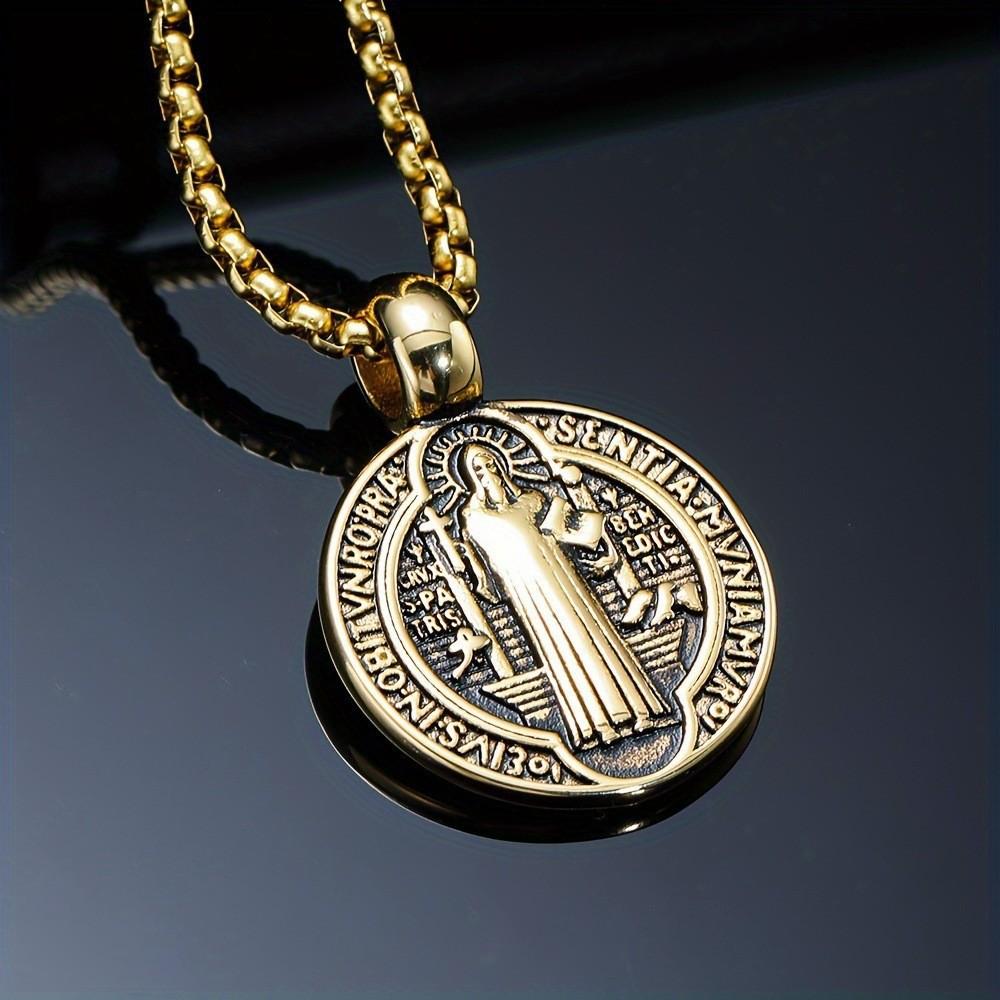 Jesus St. Benedict Pendant Necklace Vintage Round Double Sided Pattern Faith Necklace Ornament