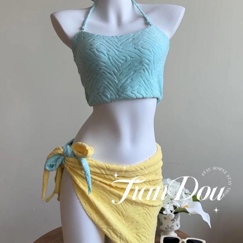 

Dopamine Macaron Color Pure Desire Style Bikini Split Skirt Three Piece Swimsuit Women s Vacation Hot S