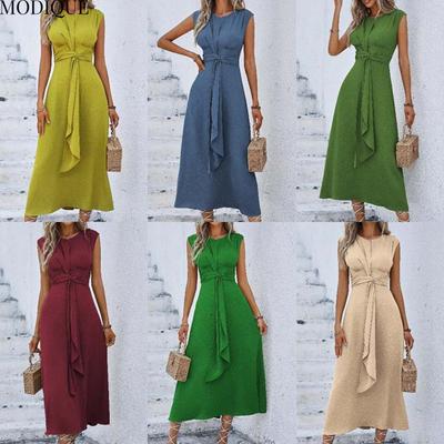 MODIQUE 2025 Summer Plus Size New Women's Casual Solid Color Off Shoulder Elastic Waist Sleeveless O-Neck Long Dress