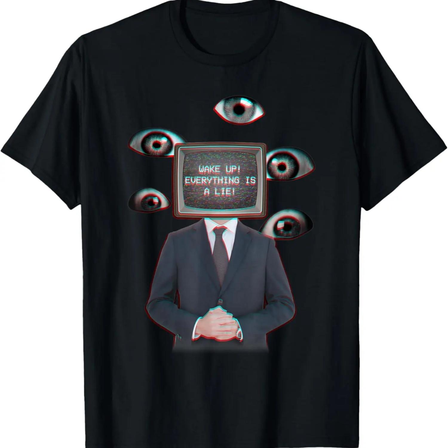 Weirdcore Aesthetic TV Head Eyes Wake Up Everything Is A Lie T-Shirt S