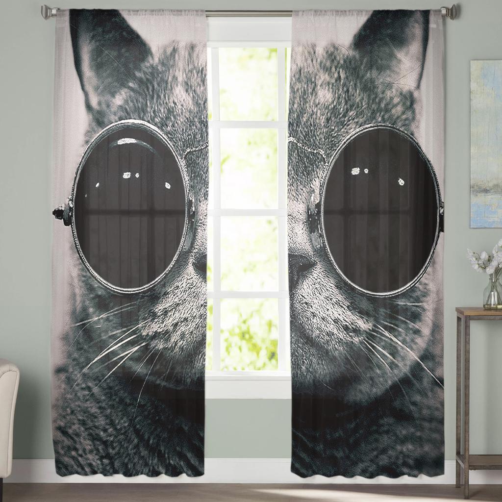Cat With Glasses Chiffon Sheer Curtains for Living Room Bedroom Home Decoration Window Voile Tulle Curtain Drapes