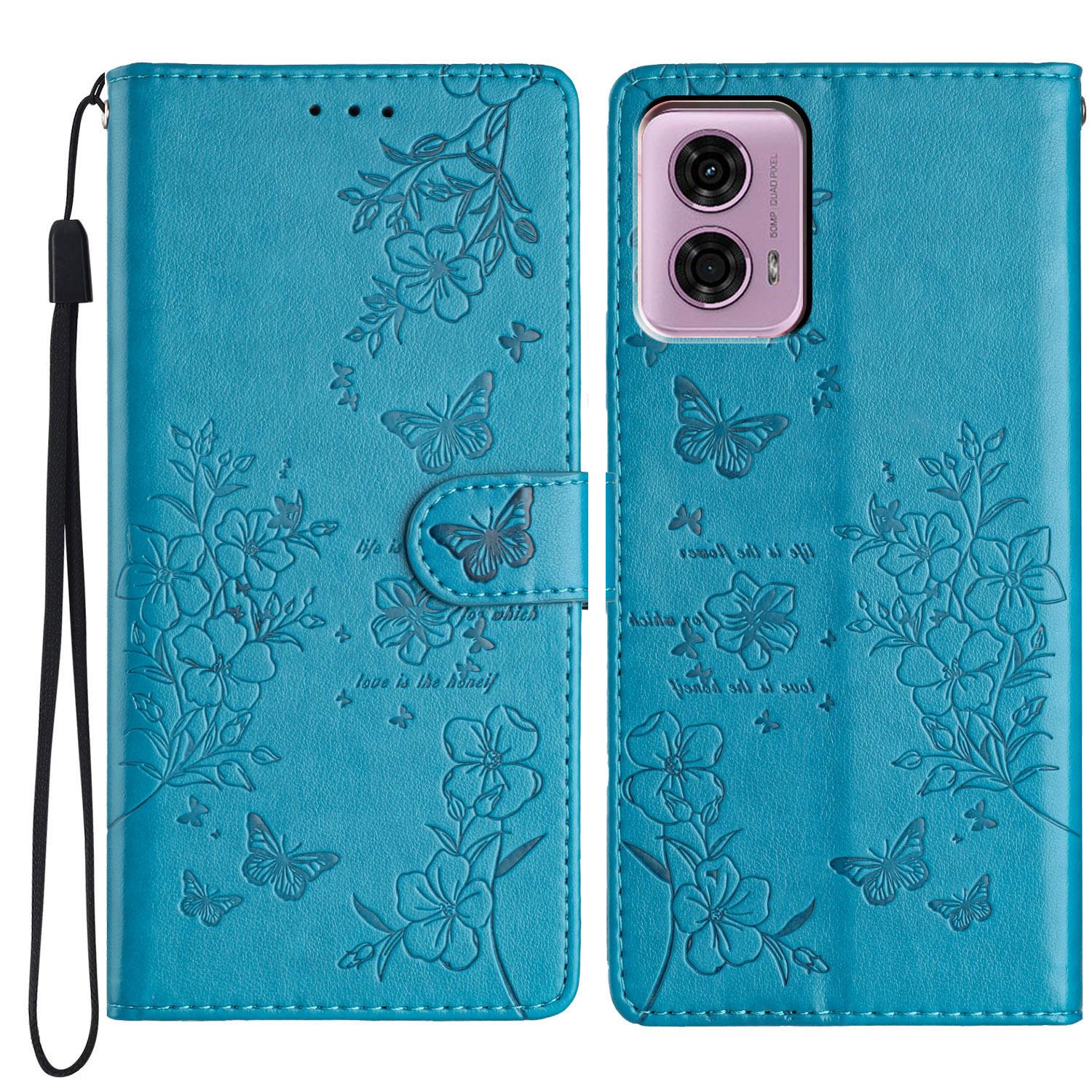 

For Motorola Moto G45 5G/G34 5G Stand Case Butterfly Floral Imprint Leather Wallet Phone Cover Blue
