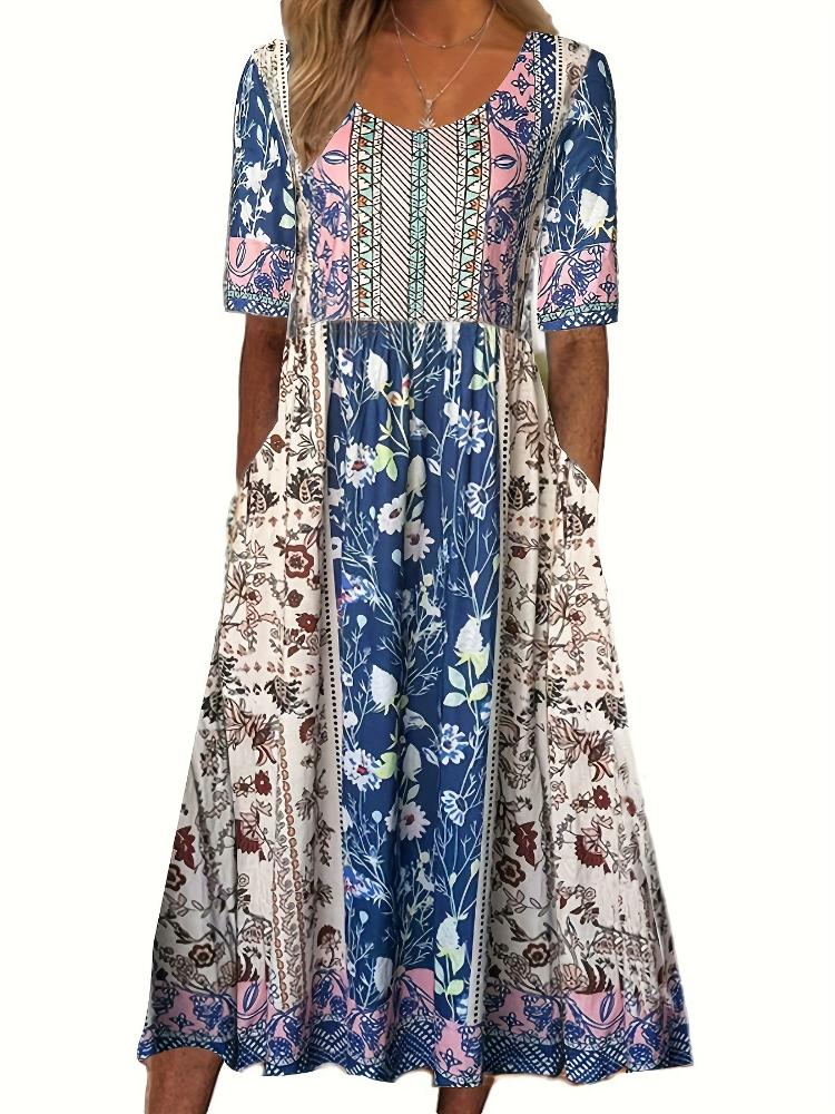 Summer New Women's Round Neck Short Sleeved Long Dress Bohemian Printed Dress for Women