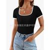 Women S Summer Short Sleeve Ribbed Knit Square Neck Color Block Slim Fit Casual T Shirt