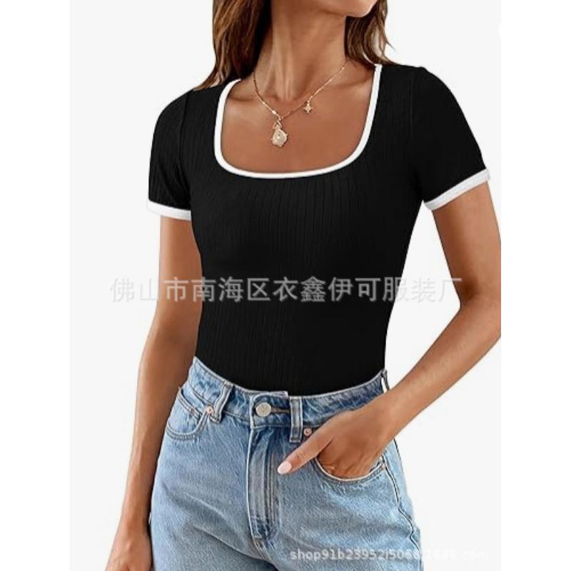 Women S Summer Short Sleeve Ribbed Knit Square Neck Color Block Slim Fit Casual T Shirt S чёрный