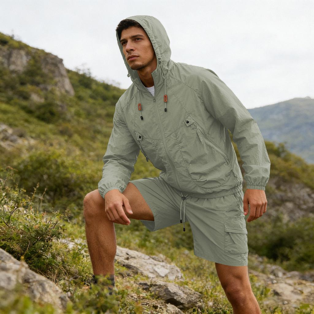 Men's Silk Quick-drying Hooded Coat With Sun , Thin , Casual Sports Sun Clothing, Shorts + Long-sleeved Set