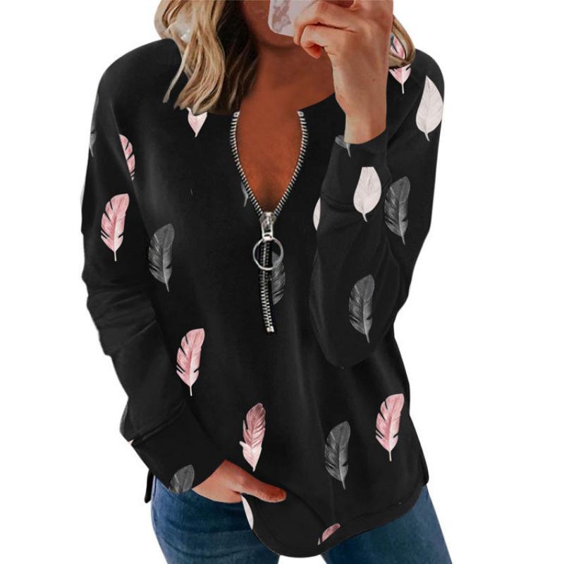 Women's Color Block Half Zip Long Sleeve Top Casual Printed V Neck Sweatshirt