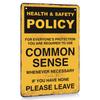 Humorous Health & Safety Policy Metal Sign - "Common Sense" Reminder, Vintage Yellow & Black, Ideal for Bar, Garage Wall Decor