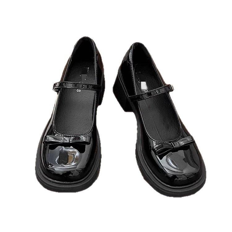 Thick Heel Mary Jane Small Leather Shoes New Spring Round Head Bow Shallow Mouth Japanese Jk High Heel Single Shoes