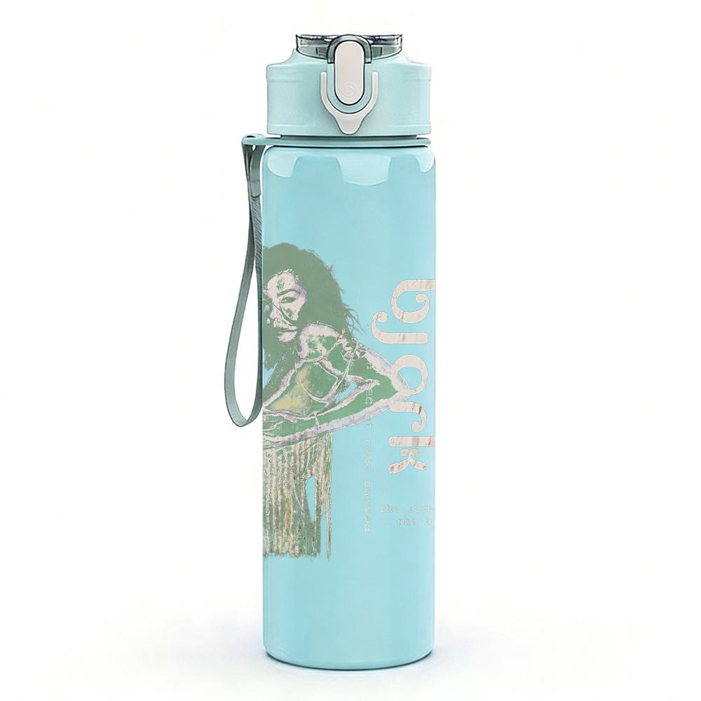 1PC Retro female singer faint silhouette print 750ml colorful plastic sports water bottle leakproof pop up lid with straw for outdoor work home use
