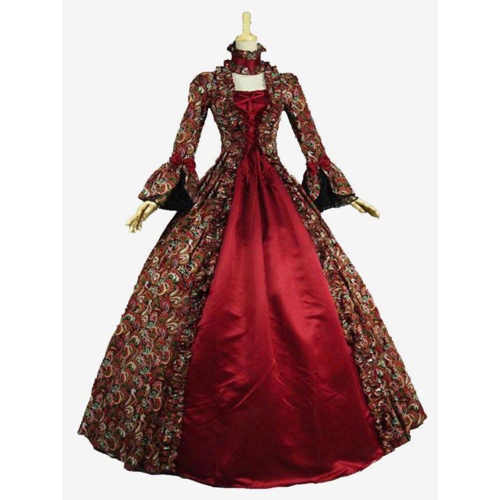 Women's High Neck Long Sleeve Maxi Dress Slim Fit Victorian Renaissance Ball Gown Costume Dress