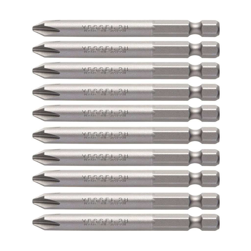 VESSEL Driver Bits for Screwdrivers x H B35 ZP Air/Electric +2 75mm, 10-Piece Set, Hardness (High Hardness),