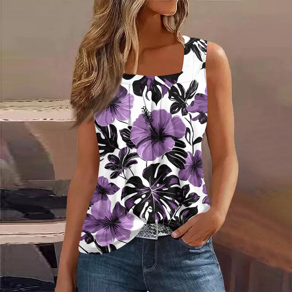 Square Collar Tank Top Women Print Tank Tee Casual Loose Fit Sleeveless Shirt