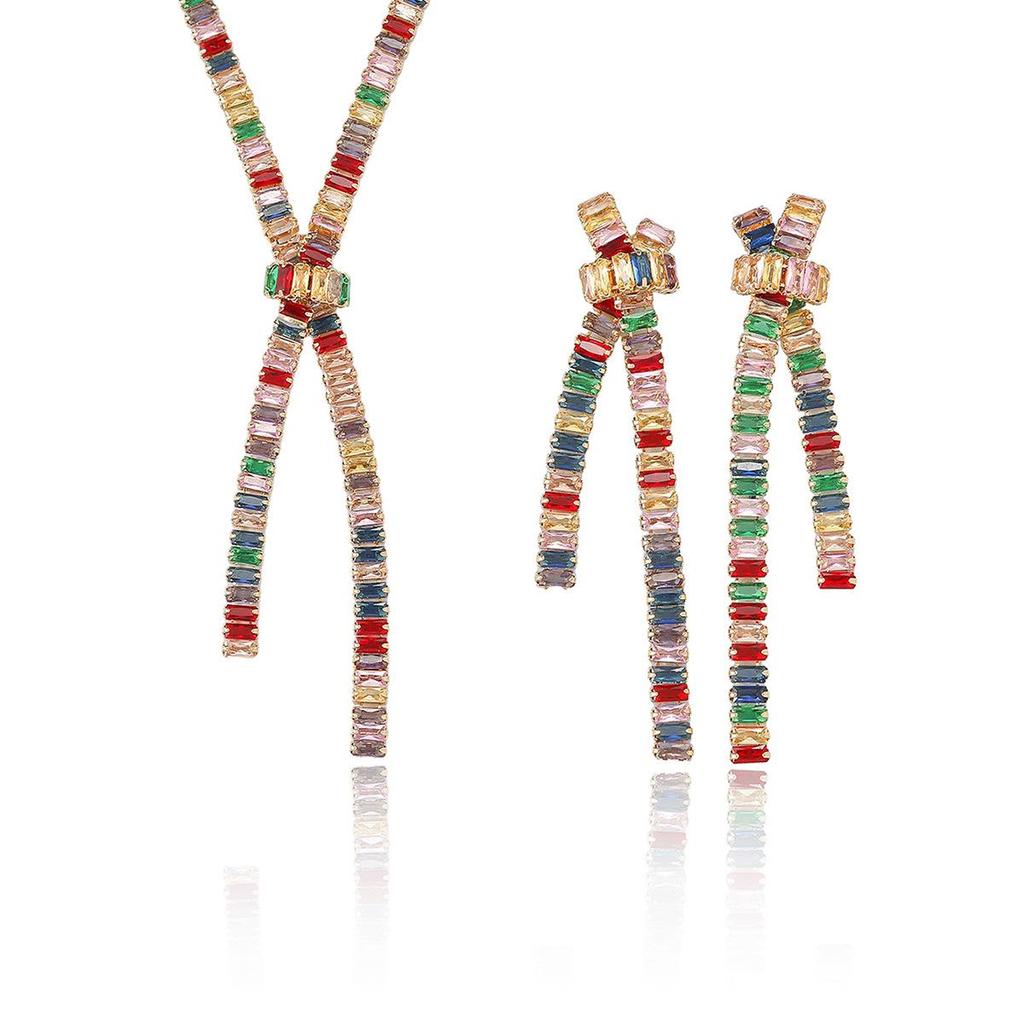 Colorful Bow Zircon Earrings & Necklace Set - Fresh Fashion Trend Jewelry