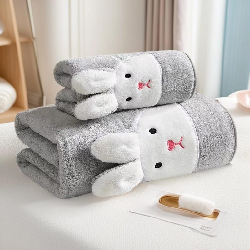 Coral Fleece Cartoon Rabbit 3D Quick-Dry Absorbent Bath Towel Set for Kids & Couples