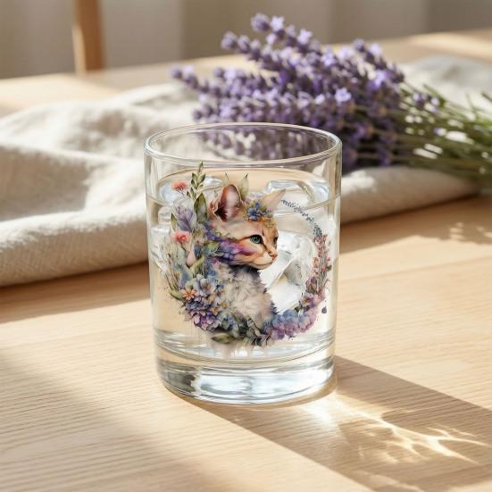 Cute Cat Floral Glass, Juice Coffee Cup, Milk Tea Glass Mug, Artistic Whiskey Coffee Mug for Home Bar, Gift for Cat Lovers