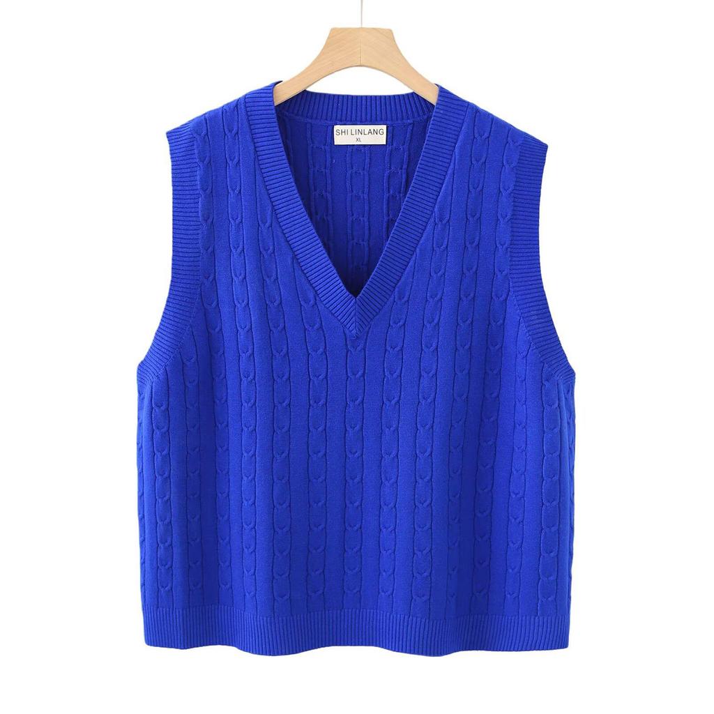 2026 Spring Korean V-neck Cable Knit Vest: Women's Plus Size Sleeveless College Style Layering Tank Top Shrug