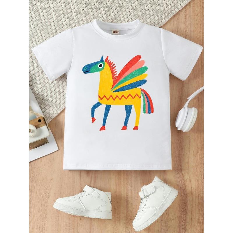 European sizes Cute Horse Image Printed Design, Summer Casual Fashion Girls' Comfortable Top