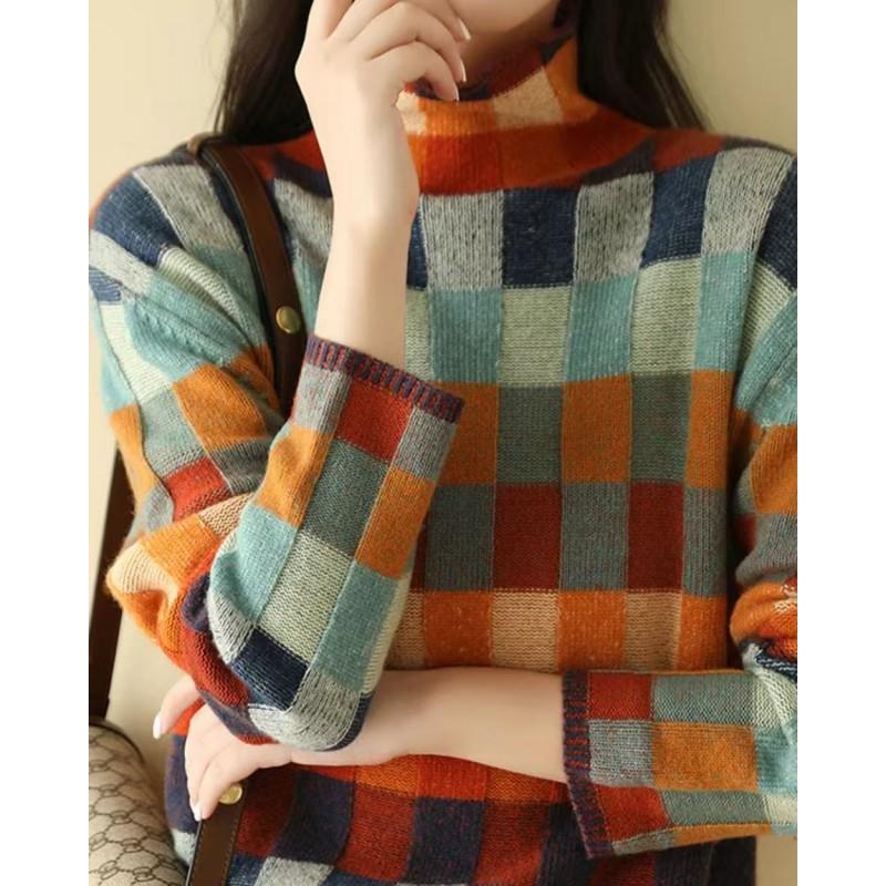 Womens Christmas Print High Neck Sweater Loose Fit Casual Long Sleeve Top