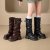 Maillard Boots Long Boots Women's Autumn and Winter Women's Shoes Pleated Belt Buckle Medium Pile Boots Brown Knight Boots