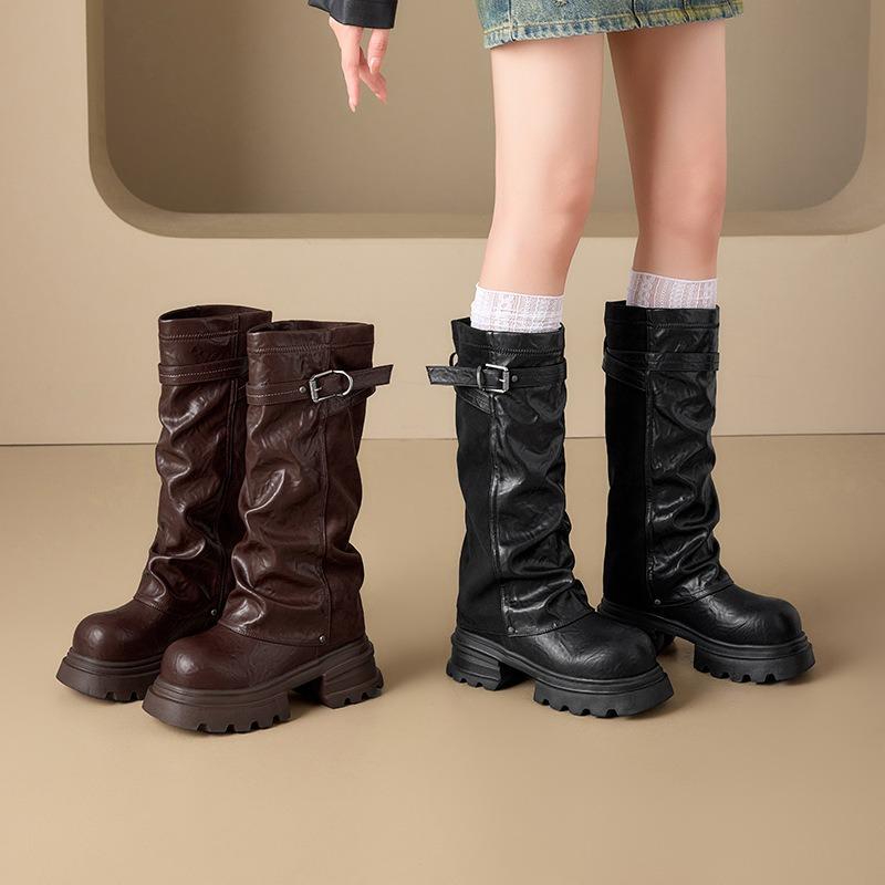 Maillard Boots Long Boots Women's Autumn and Winter Women's Shoes Pleated Belt Buckle Medium Pile Boots Brown Knight Boots