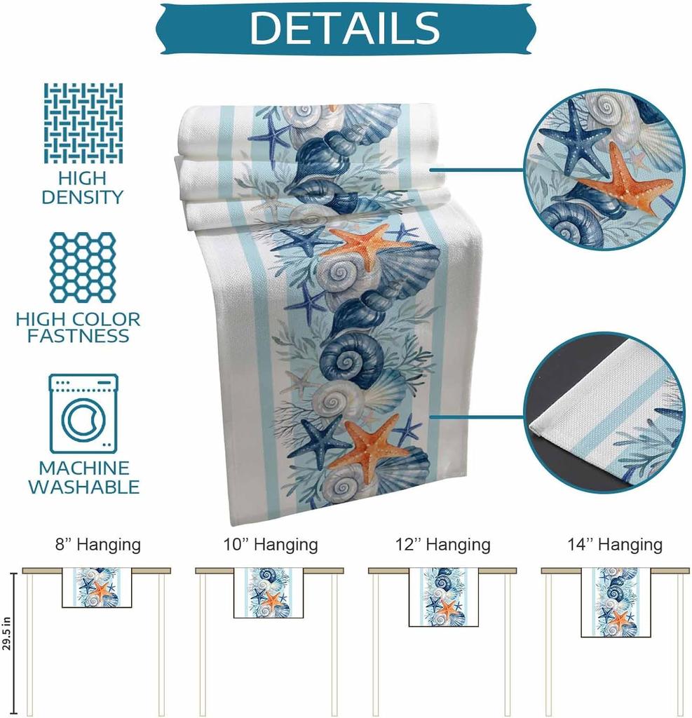 Nautical Coastal Linen Table Runner Home Decoration Summer Marine Coral Starfish Conch Kitchen Table Runners Holiday Party Decor