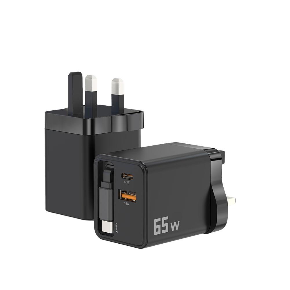 65W UK/US/EU GaN Phone Charger Adapter Built-in Retractable Charging Fast For IPhone Cable IPad E4S8
