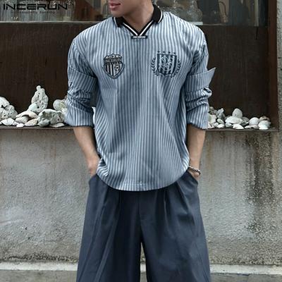 Oversized Men Lapel Long Sleeve Striped Letter Print Casual Loose Tops T-Shirts