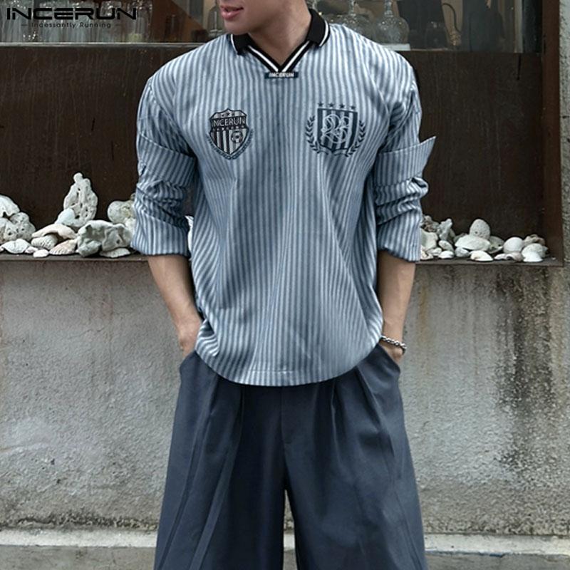 INCERUN Oversized Men Lapel Long Sleeve Striped Letter Print Casual Loose Tops T-Shirts