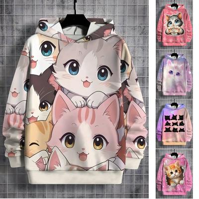 Girl Sweatshirt Pink Gradient Hoodie Cute Cat Print Spring Autumn Casual Pullover Long Sleeve Kids Clothing Top