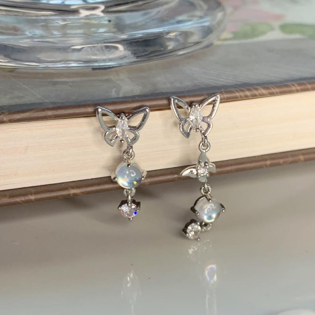 Модные серьги с кисточками из лунного камня, полые серьги-бабочки с кристаллами, серебряные серьги-капли для женщин, ювелирные аксессуары