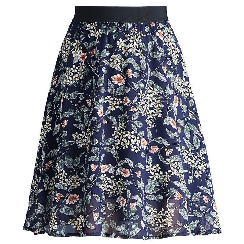 Šifonová midi sukně pro ženy na léto s vysokým pasem zeštíhlující a ležérní květinová sukně do A