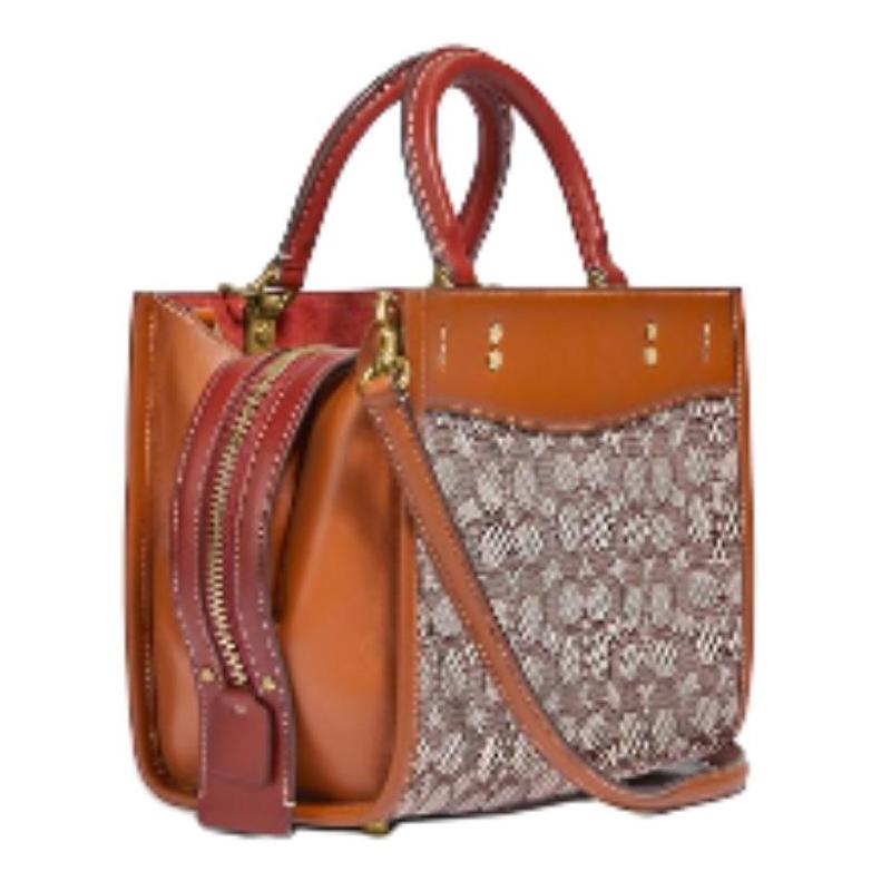 Coach Handbag Rogue 17 Carriage Logo Classic Presbyopic Commuter Fashion Canvas with Leather Tote Bag Tote Bag Shopping Bag Small Size Women's Brown