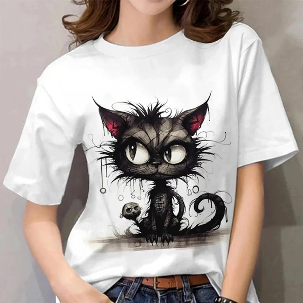 Abstract Cat Sketch 3D Digital Printing Women's Comfortable Round Neck Short Sleeve T-shirt