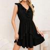 Sleeveless V Neck Dress for Women Ruffle Trim Casual Summer Dress with Waist Tie and Flared Skirt Lightweight Fabric