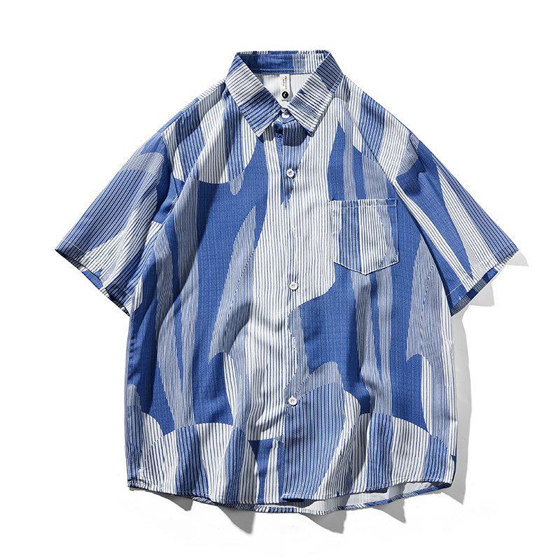 

Breathable Summer Retro Printed Couple s Shirt - Non-Iron, Versatile Lapel Design M синій