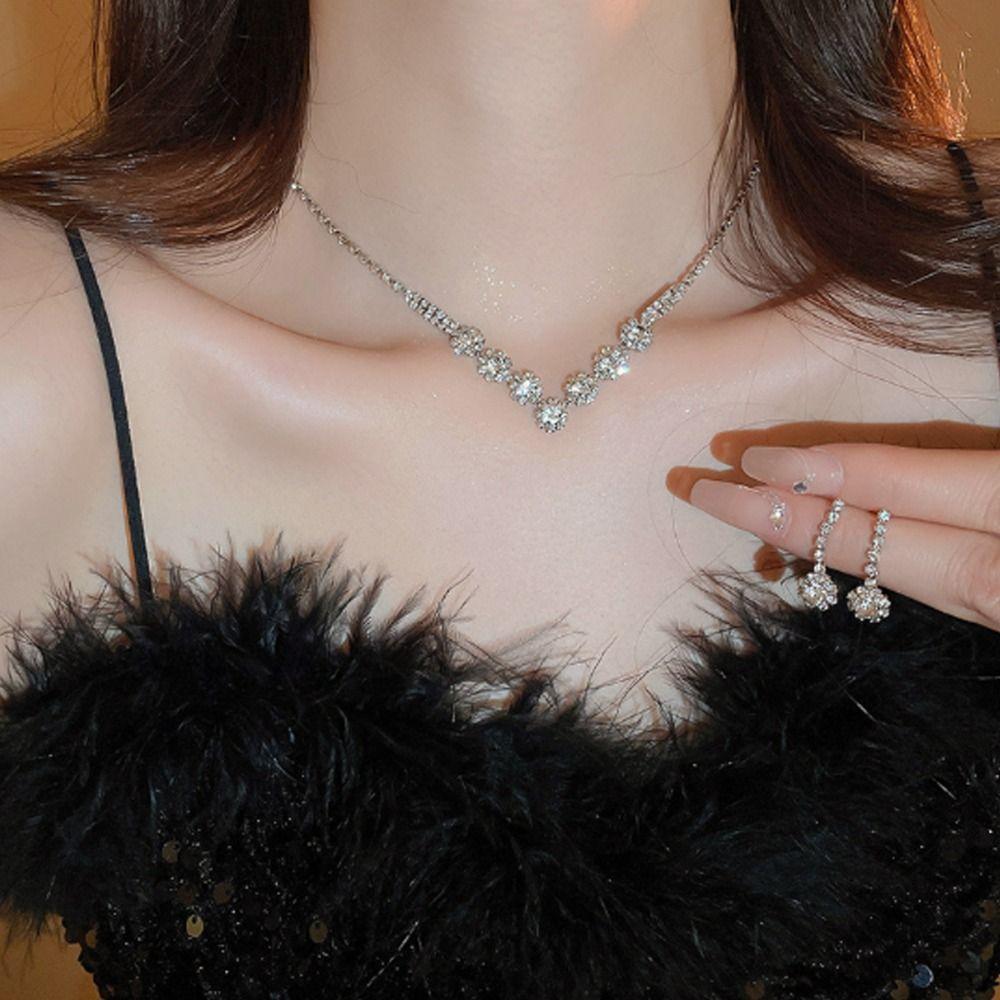Bracelet Earrings Shining Necklace Wedding Party Rhinestone Jewelry Set  Women