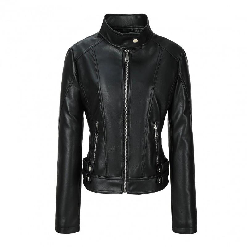 Womens Slim Fit PU Leather Jacket Stand Collar Long Sleeve Casual Streetwear Commute