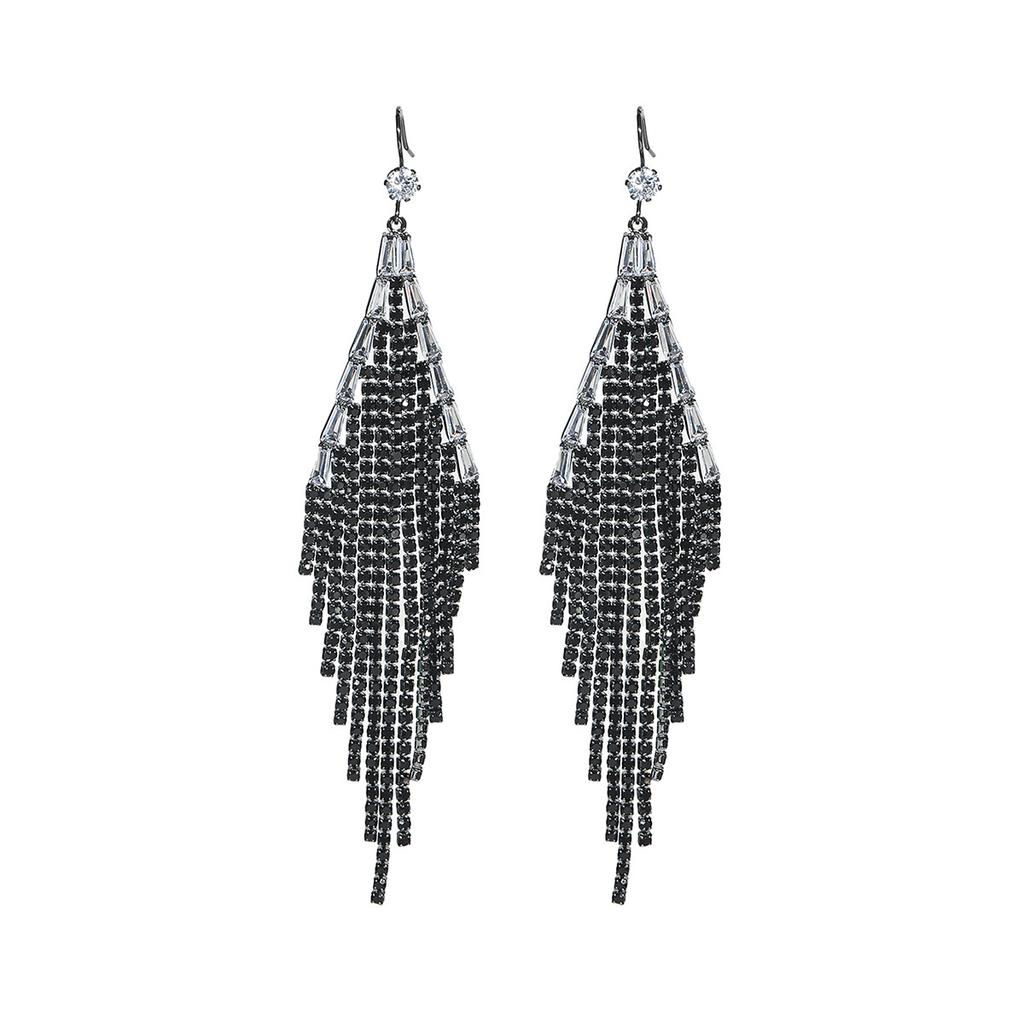Premium Black Rhinestone Long Tassel Earrings