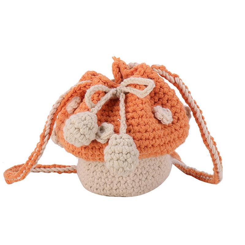 Adorable Fashionable Mushroom Knit Crochet Bag For Kids In Orange Red And Brown Colors