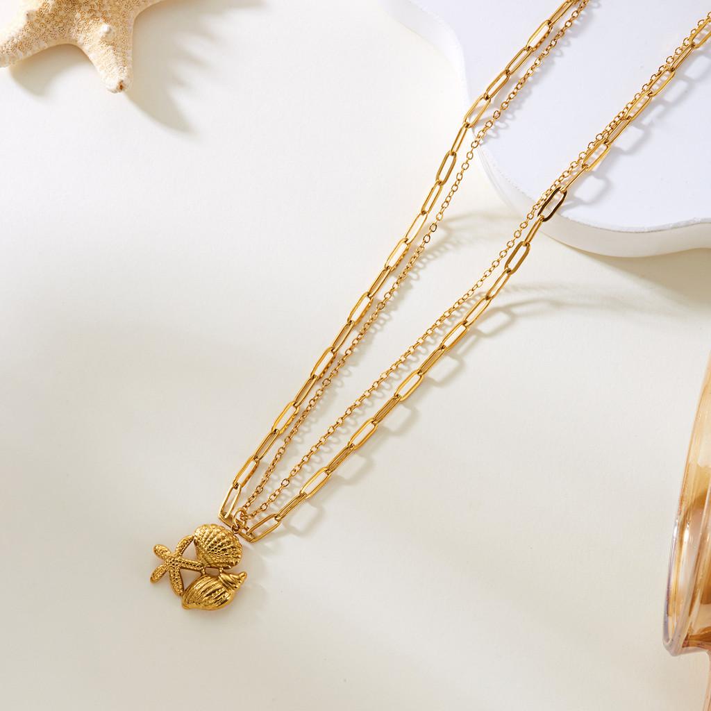 Beach Style Double Layer Stainless Steel Necklace With Starfish Shell And Heart Pendant For Women And Men